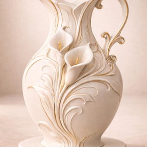 May include: Cream ceramic vase with gold detailing. The vase has a relief design of calla lilies and swirling leaves. The base is round and the vase is approximately 30 cm tall.