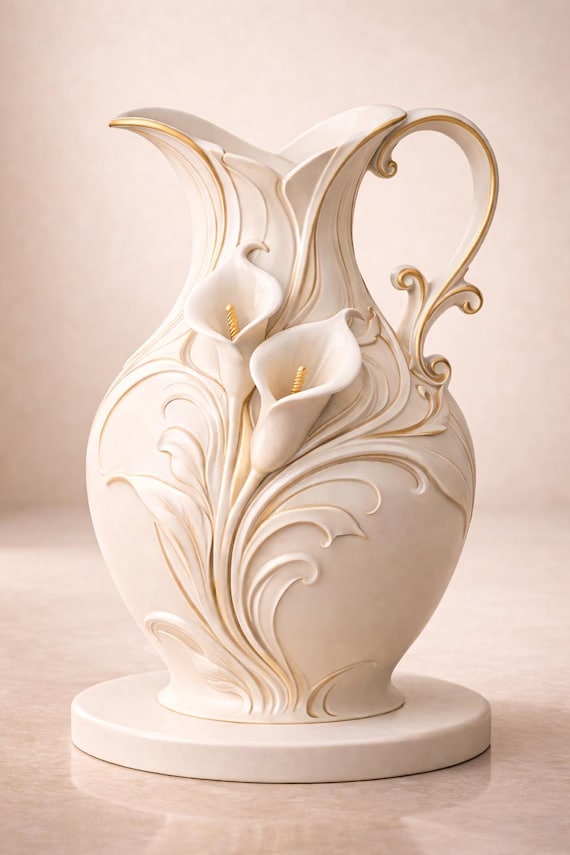 Elegant Calla Lily Vase 3D Model STL | Decorative Floral Pitcher Vase | Art Nouveau Flower Vase | Home Decor Sculpture | 3D Print File