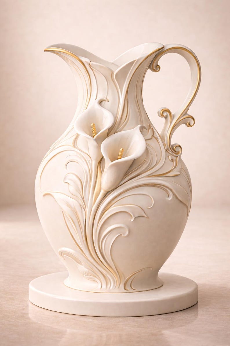 May include: Cream ceramic vase with gold detailing. The vase has a relief design of calla lilies and swirling leaves. The base is round and the vase is approximately 30 cm tall.