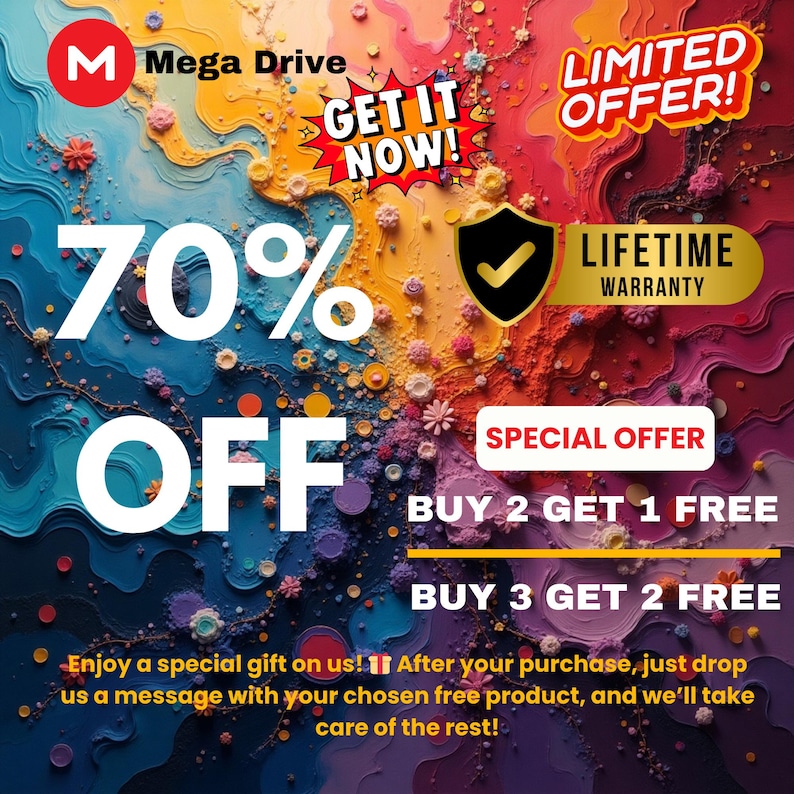 K&ouml;nnte beinhalten: Eine farbenfrohe Grafik mit dem Text "70% OFF" in gro&szlig;en wei&szlig;en Buchstaben. Die Grafik enth&auml;lt auch den Text "Mega Drive", "Get It Now!" und "Limited Offer!" in Rot, Gelb und Orange. Die Grafik enth&auml;lt auch den Text "Buy 2 Get 1 Free" und "Buy 3 Get 2 Free" in Gelb. Die Grafik enth&auml;lt auch den Text "Lifetime Warranty" in Gold.