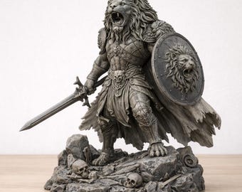 Lion Warrior Statue 3D Model STL | Fantasy Lion Knight Sculpture with Sword and Shield | Mythical Beast Guardian Figurine | Tabletop RPG