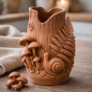 Puede incluir: Un jarrón de cerámica marrón con forma de tronco de árbol, adornado con setas esculpidas, un caracol y un helecho. El jarrón tiene una superficie texturizada y mide unos 20 cm de alto.