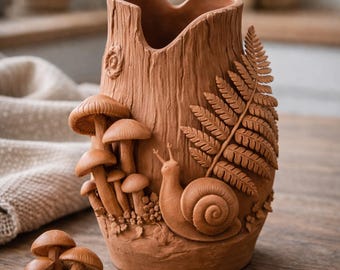 Jarrón de hongo y caracol de bosque (modelo 3D) / Jarrón de naturaleza silvestre (STL) / Jarrón de tocón de árbol con helecho y caracol / Escultura decorativa / Archivo de impresión 3D