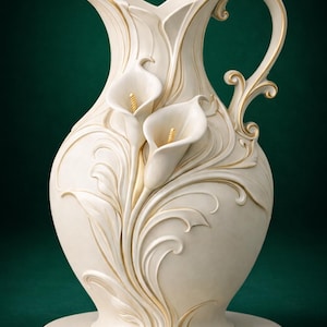 May include: Cream-coloured decorative jug with a floral design. The jug features a handle and is adorned with calla lily relief carvings and gold accents. The base is round and the jug is approximately 30 cm tall.