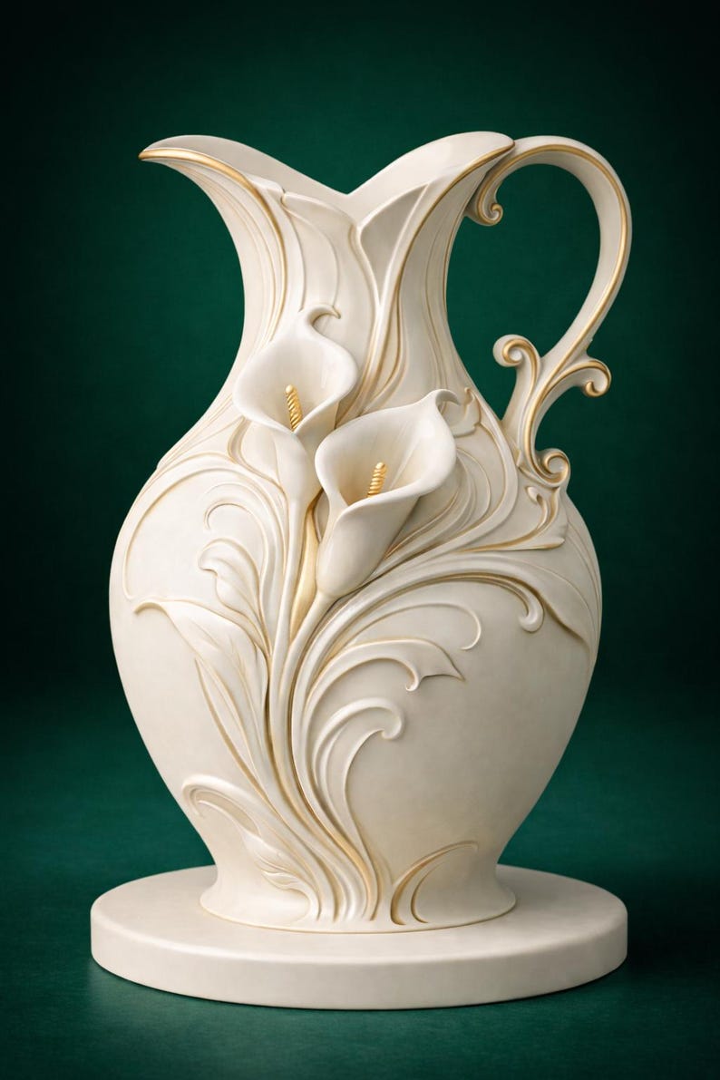 May include: Cream-coloured decorative jug with a floral design. The jug features a handle and is adorned with calla lily relief carvings and gold accents. The base is round and the jug is approximately 30 cm tall.