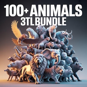 May include: A digital illustration featuring a collection of animal sculptures, including lions, tigers, elephants, and bears. The image has the text "100+ ANIMALS 3TL BUNDLE" at the top. The sculptures are in shades of white and gray.
