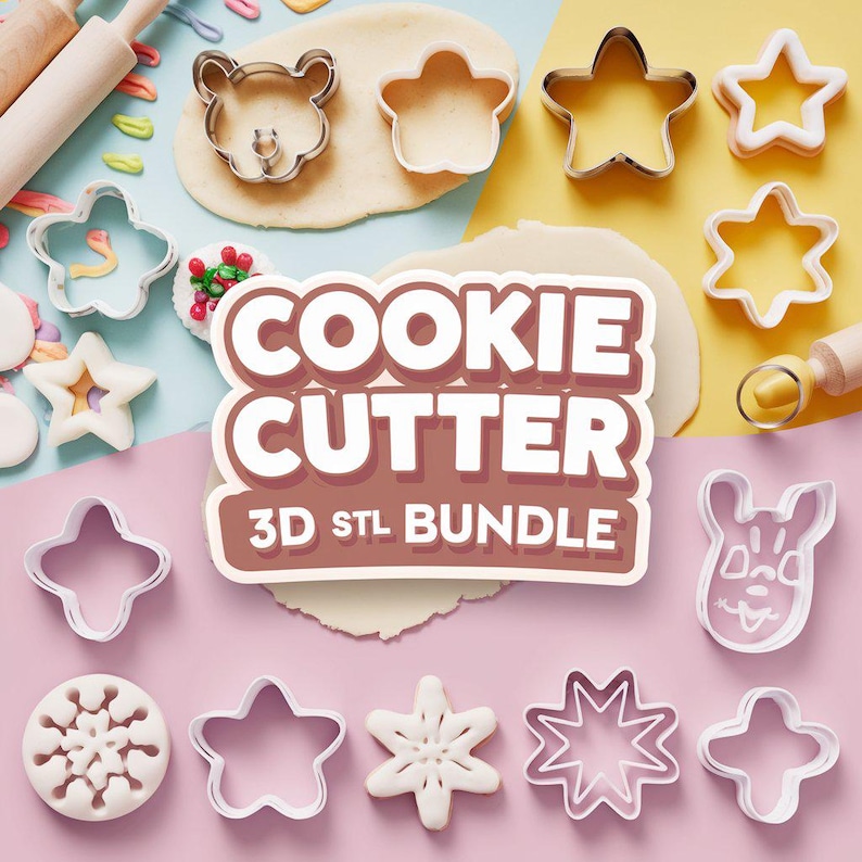 K&ouml;nnte beinhalten: Ein Set aus 3D-gedruckten Ausstechern in verschiedenen Formen, darunter Sterne, Schneeflocken, ein Herz und ein Hase. Die Ausstecher sind auf einem rosa und gelben Hintergrund mit dem Text "COOKIE CUTTER 3D STL BUNDLE" angeordnet.