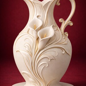 May include: Cream-coloured decorative jug with a handle and a round base. The jug features a relief design of calla lilies with gold accents. The handle and rim are also accented with gold. The jug is approximately 30 cm tall.