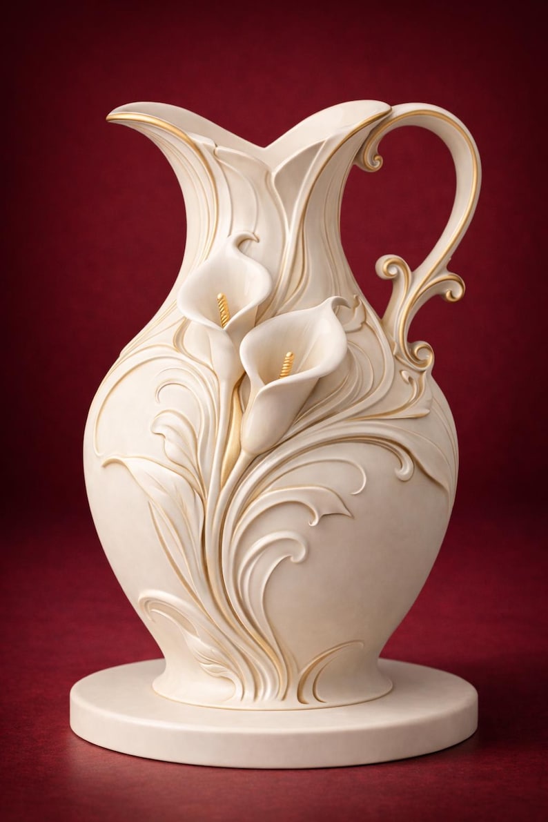 May include: Cream-coloured decorative jug with a handle and a round base. The jug features a relief design of calla lilies with gold accents. The handle and rim are also accented with gold. The jug is approximately 30 cm tall.