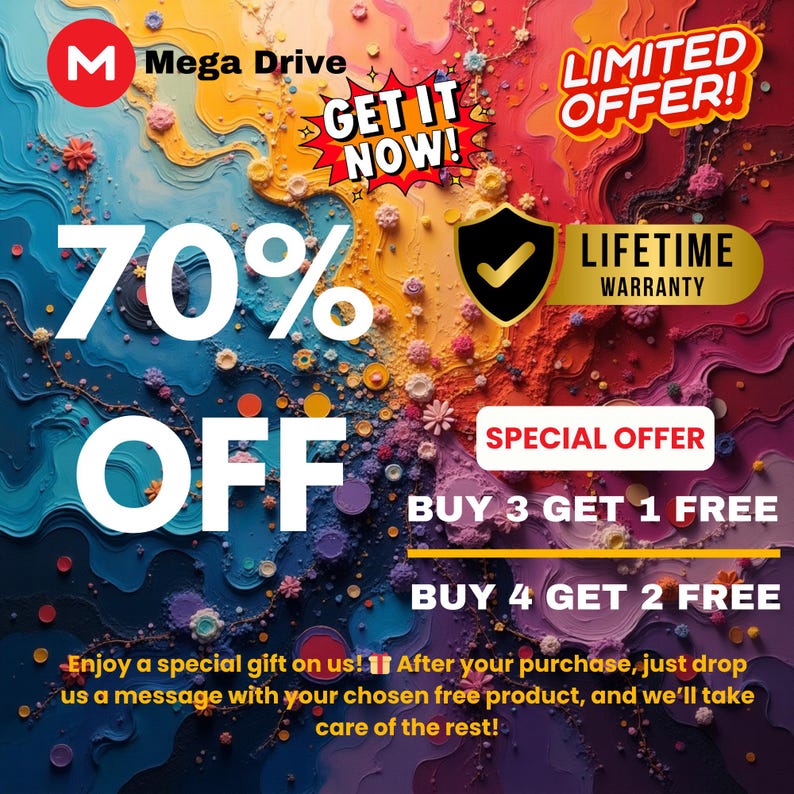 May include: A colorful graphic with a sale announcement for 70% off. The text "Get it Now!" is in a red speech bubble. The text "Limited Offer!" is in a yellow speech bubble. The text "Lifetime Warranty" is in a gold speech bubble. The text "Special Offer" is in a red rectangle. The text "Buy 3 Get 1 Free" is in a white rectangle with a red border. The text "Buy 4 Get 2 Free" is in a white rectangle with a red border. The text "Enjoy a special gift on us! After your purchase, just drop us a message with your chosen free product, and we'll take care of the rest!" is in black text.