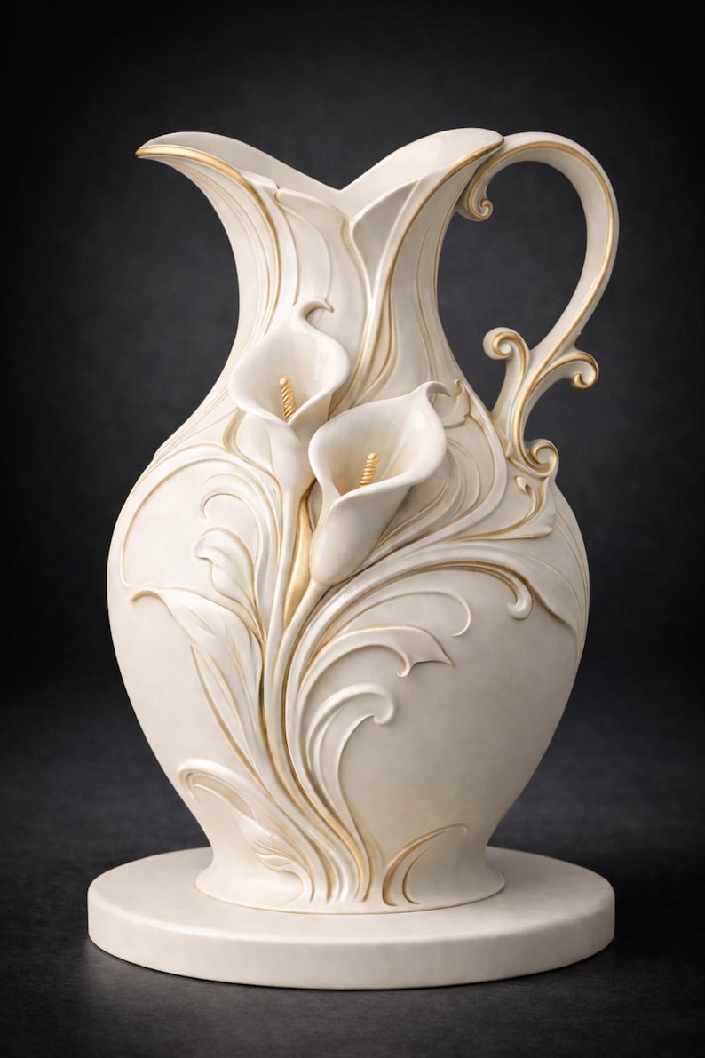 Elegant Calla Lily Vase 3D Model STL | Decorative Floral Pitcher Vase | Art Nouveau Flower Vase | Home Decor Sculpture | 3D Print File image 3
