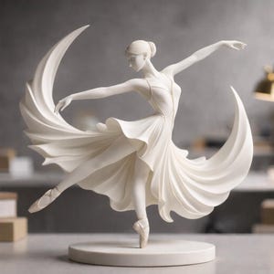 May include: A white ballerina figurine in a graceful pose, with arms outstretched and one leg extended en pointe. The dancer wears a flowing dress and is set against a swirling backdrop. The sculpture is mounted on a round base.
