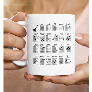 Peut inclure: Mug en céramique blanche avec des diagrammes d'accords de guitare, incluant A, Bm7, C, Dm6, E, F7 et G. Une petite icône de guitare est également présente. Le texte "ThanhHoangGifts" est en bas.
