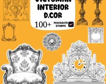 May include: Victorian interior design elements in black and white, including a chair, clock, wall decor, and decorative stands. The image features the text "Victorian Interior D.COR" and "100+ Procreate Stamps" on a yellow background.