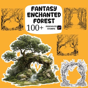Peut inclure: Tampons d'art numérique représentant des scènes de forêt fantastique. L'image comprend un grand arbre au-dessus d'une cascade et plusieurs arches d'arbres. Le texte indique "FANTASY ENCHANTED FOREST 100+ PROCREATE STAMPS". Le fond est de couleur orange.