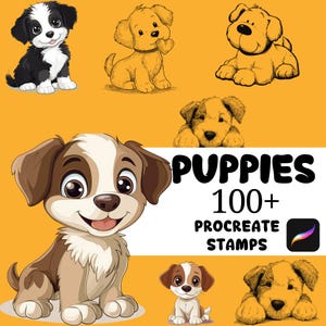 May include: An illustration featuring several cartoon puppies in various poses against a yellow background. The image includes the text "PUPPIES 100+ PROCREATE STAMPS" and a Procreate app icon.