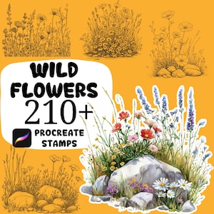 Peut inclure: Illustration numérique sur fond jaune présentant des motifs de fleurs sauvages. Le texte « WILD FLOWERS 210+ PROCREATE STAMPS » est affiché. L'image comprend divers arrangements floraux et une icône de l'application Procreate.