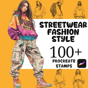 May include: A set of 100+ Procreate stamps featuring streetwear fashion style illustrations. The stamps are designed for use in digital art and design projects. The image shows a variety of characters wearing trendy streetwear clothing.