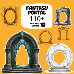 May include: An orange background features various fantasy portal designs. The designs include stone arches, ornate frames, and a circular portal. Text reads "FANTASY PORTAL 110+ PROCREATE STAMPS".
