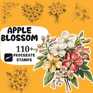 Puede incluir: Conjunto de arte digital con ilustraciones de flores de manzano. La imagen muestra varios arreglos florales en blanco, amarillo y rojo, con hojas verdes. El texto dice "APPLE BLOSSOM 110+ PROCREATE STAMPS" sobre un fondo amarillo.