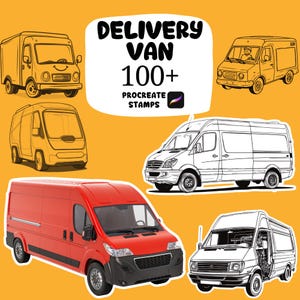May include: An image featuring various delivery van illustrations and a realistic red van. The text "DELIVERY VAN 100+ PROCREATE STAMPS" is displayed in a white bubble on a yellow background. The image showcases different van designs, including sketches and a detailed red van.