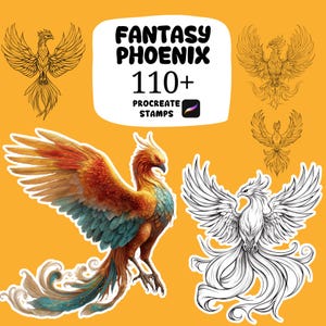 Può includere: Uno sfondo arancione presenta illustrazioni di fenici in vari stili. Il testo "FANTASY PHOENIX 110+ PROCREATE STAMPS" è visualizzato in un rettangolo bianco arrotondato. Le fenici sono in tonalità arancioni, rosse, blu e nere.