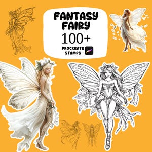 May include: An image featuring digital art of fairies with large wings, in both color and line art styles. The text "FANTASY FAIRY 100+ PROCREATE STAMPS" is displayed on a white background.