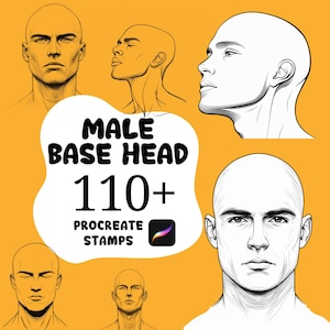 Pode incluir: Ilustração de arte digital de referências de base de cabeça masculina em vários ângulos. A imagem inclui o texto "MALE BASE HEAD 110+ PROCREATE STAMPS" e o logotipo do aplicativo Procreate, tudo sobre um fundo amarelo.