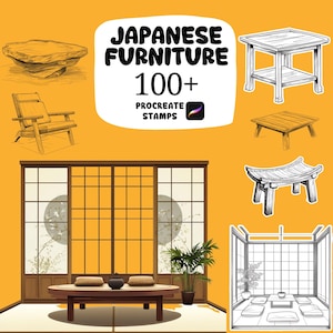 May include: Illustration of Japanese furniture, including a chair, tables, and a room with sliding doors. The image features the text "JAPANESE FURNITURE 100+ PROCREATE STAMPS" on a yellow background.