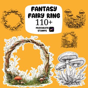 May include: An illustration featuring a fantasy fairy ring with over 110 Procreate stamps. The image showcases various mushroom designs, including a wreath and individual mushroom clusters, set against a vibrant yellow background.