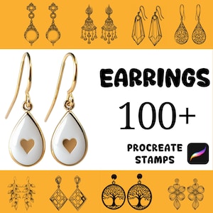 May include: A selection of earring designs, including gold-coloured drop earrings with white enamel and heart cutouts. The image also features the text "EARRINGS 100+ PROCREATE STAMPS" and a Procreate app icon.