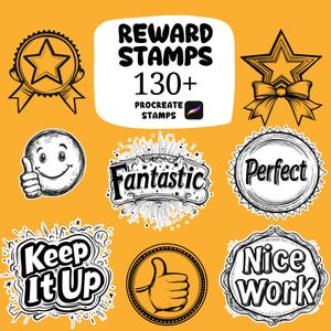 May include: An illustration of reward stamps with the text "Reward Stamps 130+ Procreate Stamps". The stamps include a star with a ribbon, a smiley face with a thumbs up, and the words "Fantastic", "Perfect", "Keep It Up", "Nice Work", and a thumbs up.