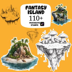 Könnte beinhalten: Das Bild zeigt digitale Kunstaufkleber von Fantasy-Inseln. Die Aufkleber zeigen Illustrationen von schwebenden Inseln mit Wasserfällen, Palmen und pilzförmigen Inseln. Der Text "FANTASY ISLAND 110+ PROCREATE STAMPS" wird auf weißem Hintergrund angezeigt.