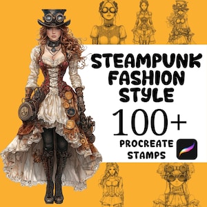 Op de afbeelding: Een set van 100+ digitale stempels met steampunk-modeontwerpen. De stempels zijn in zwart-wit en bevatten verschillende kledingstukken, accessoires en kapsels. De tekst "Steampunk Fashion Style 100+ Procreate Stamps" wordt weergegeven op de afbeelding.