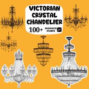 May include: An illustration featuring several Victorian crystal chandelier designs. The image includes various chandelier styles, with intricate details and a range of shapes. Text on the image reads "Victorian Crystal Chandelier" and "100+ Procreate Stamps". The background is a solid orange color.