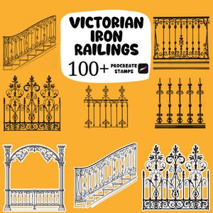 Könnte beinhalten: Eine Sammlung viktorianischer schmiedeeiserner Geländerdesigns in Schwarzweiß, darunter Treppengeländer und dekorative Zaunfelder. Das Bild zeigt den Text "Victorian Iron Railings" und "100+ Procreate Stamps" auf gelbem Hintergrund.