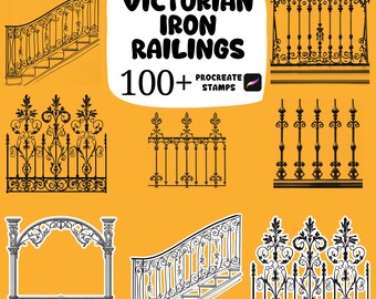 May include: Collection of Victorian iron railing designs in black and white, including stair railings and decorative fence panels. The image features the text "Victorian Iron Railings" and "100+ Procreate Stamps" on a yellow background.