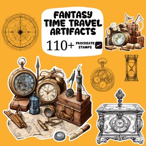 May include: An assortment of fantasy time travel artifacts, including clocks, compasses, and a treasure chest, are arranged on an orange background. The image includes the text "FANTASY TIME TRAVEL ARTIFACTS" and "110+ PROCREATE STAMPS".