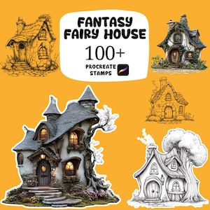 Könnte beinhalten: Ein Bild mit mehreren Illustrationen von Fantasy-Feenhäusern. Die Häuser variieren im Stil, einige erscheinen als Skizzen und andere in Farbe. Der Text "FANTASY FAIRY HOUSE" und "100+ PROCREATE STAMPS" ist ebenfalls sichtbar.
