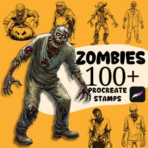 Może przedstawiać: Cyfrowa ilustracja przedstawiająca kilka ilustracji zombie w różnych pozach. Główny obraz to zombie z odsłoniętymi ranami i podartą koszulą. Widoczny jest tekst "ZOMBIES 100+ PROCREATE STAMPS" wraz z ikoną aplikacji Procreate.