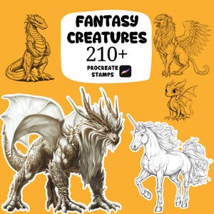 May include: An illustration featuring various fantasy creatures, including a dragon, griffin, and unicorn. The image has a bright yellow background and includes the text "FANTASY CREATURES 210+ PROCREATE STAMPS".