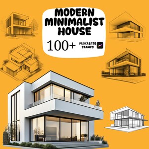 Könnte beinhalten: Ein Bild mit modernen minimalistischen Hausdesigns. Das Bild enthält architektonische Skizzen und ein gerendertes Haus mit großen Fenstern und weißer Fassade. Der Text lautet "MODERN MINIMALIST HOUSE" und "100+ PROCREATE STAMPS" auf gelbem Hintergrund.