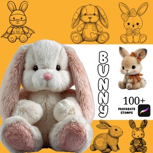 May include: An assortment of bunny-themed items, including a large plush bunny with pink accents, several cartoon illustrations, and the word "BUNNY" in large letters. The image also includes the text "100+ PROCREATE STAMPS".