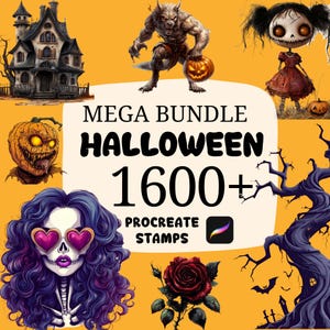 May include: A digital art bundle with a Halloween theme. The image features a werewolf, a haunted house, a pumpkin with a carved face, a doll, a skeleton with heart-shaped glasses, and a rose. The text reads "MEGA BUNDLE HALLOWEEN 1600+ PROCREATE STAMPS."