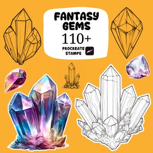 May include: An image featuring various fantasy gem designs in different styles. The image includes colorful, detailed illustrations and line art versions of crystals and gems. Text reads "FANTASY GEMS 110+ PROCREATE STAMPS". The background is a solid orange color.
