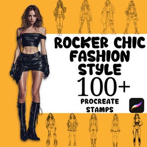 以下が含まれることがあります： 黒い革の衣装を着た女性のイラストで、「Rocker Chic Fashion Style 100+ Procreate Stamps」というテキストが入っています。画像は黄色の背景で、いくつかのファッションスケッチが含まれています。