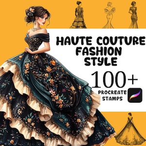 May include: A set of 100+ digital stamps for Procreate featuring illustrations of women in haute couture fashion styles. The stamps are in black and white and feature various poses and silhouettes.