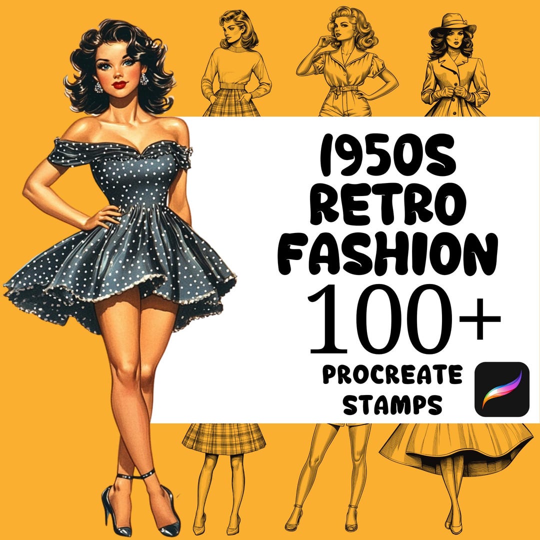 Procreate Fashion Brushes | 100+ 1950s Retro Fashion Procreate Stamps ...