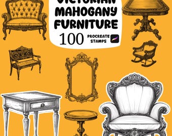May include: An illustration of Victorian mahogany furniture, including a sofa, chair, table, mirror, and rocking chair. The image includes the text "Victorian Mahogany Furniture 100 Procreate Stamps."