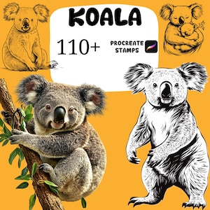 Pode incluir: Arte digital com coalas em várias poses, incluindo um coala com seu bebê. A imagem inclui a palavra "KOALA" em negrito preto e o texto "110+ PROCREATE STAMPS" em um fundo amarelo.